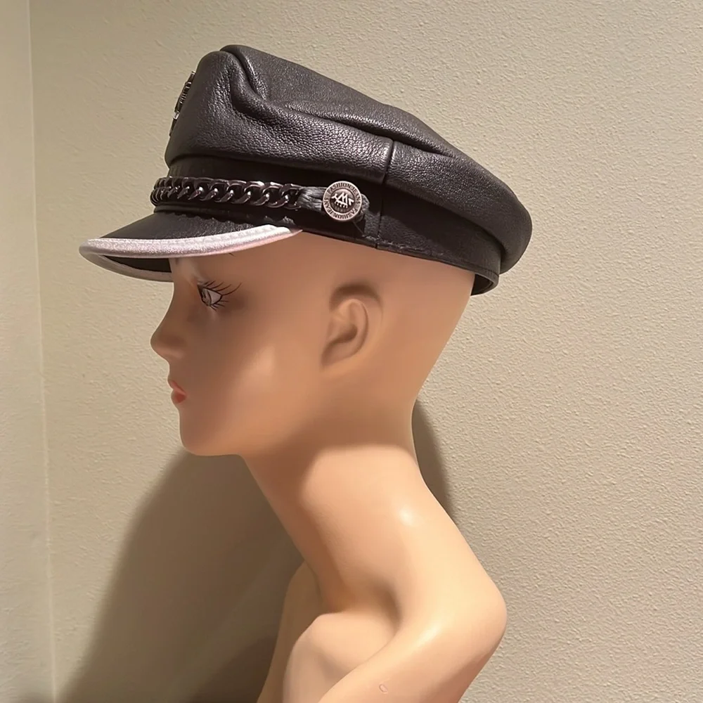 Boutique Faux Leather Hat In Black With Silver Trim Metal Chain And Badge O/S